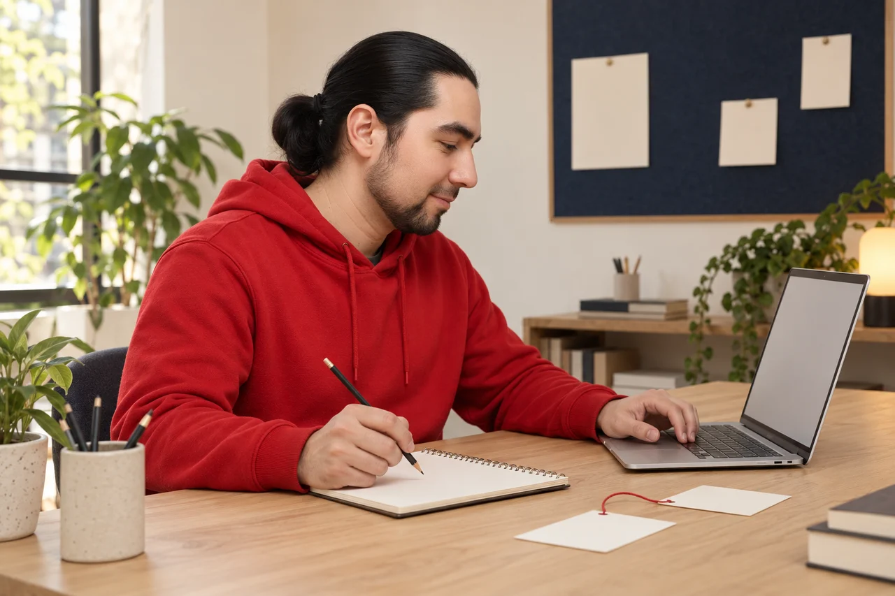Escena editorial de Jorge con polerón rojo, trabajando con un computador y papeles en una mesa